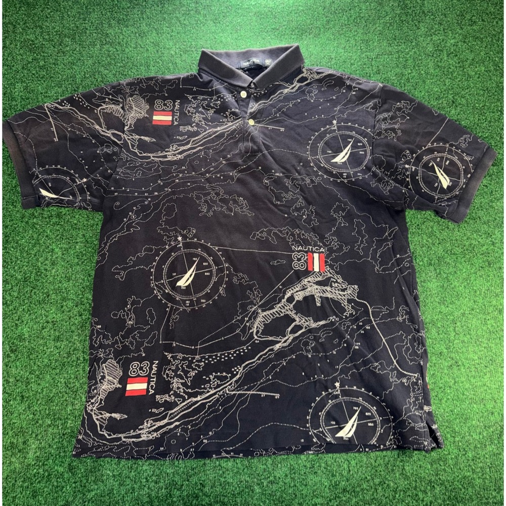 Nautica Mens XL Navy Blue Nautical Map Compass Print Short Sleeve Polo Shirt